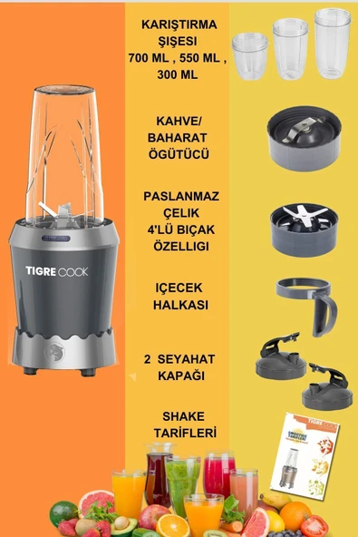 TIGRECOOK NUTRISHAKE 3 in 1 Paslanmaz Çelik Bıçaklı Kişisel Smoothie Blender ve Kahve Baharat Öğütücü 1000 GRi - 2