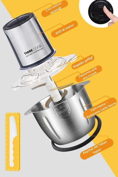 TIGRECOOK Instantchopper 2.3 Litre Büyük Cam Hazneli Ve Çelik Hazneli Et Kıyma Makinesi Sebze Rondo Doğrayıcı - 2