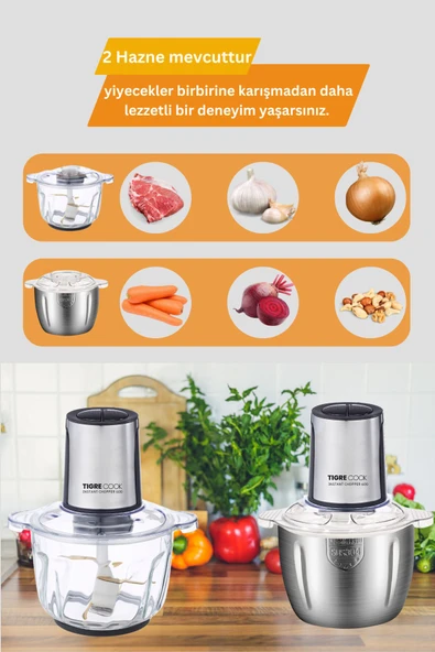 TIGRECOOK Instantchopper 2.3 Litre Büyük Cam Hazneli Ve Çelik Hazneli Et Kıyma Makinesi Sebze Rondo Doğrayıcı - 4