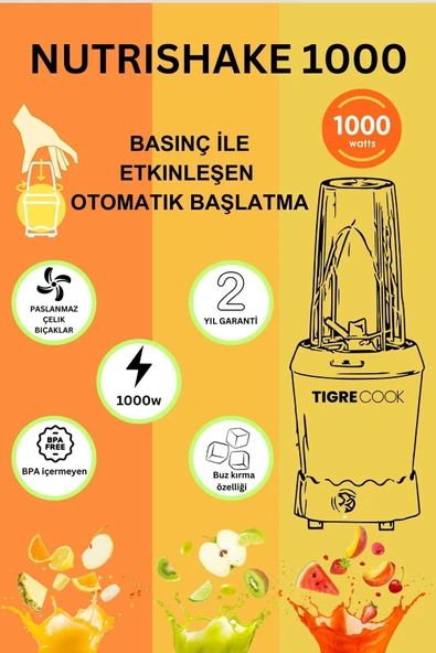 TIGRECOOK NUTRISHAKE 3 in 1 Paslanmaz Çelik Bıçaklı Kişisel Smoothie Blender ve Kahve Baharat Öğütücü 1000 GRi - 4