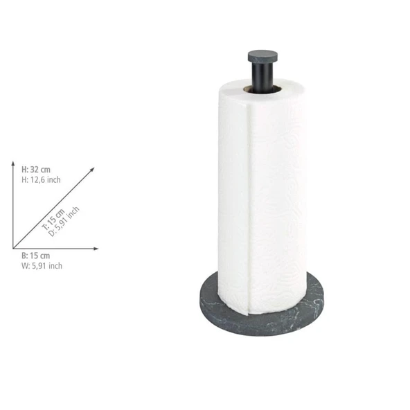Saban Siyah Mermer Görünümlü Kağıt Havlu Tutucu - Mermer Desenli Plastik Taban, Siyah Metal Çubuk 15x32 cm - 6