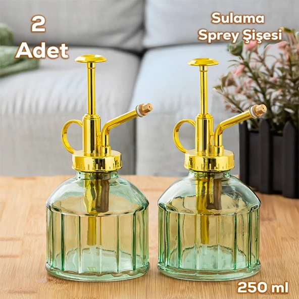 Perotti 15733 2'li Yeşil Vintage Cam Bitki Sulama Şişesi Oda Kokusu Dağıtıcı Cam Dağıtıcı Sprey 250ml