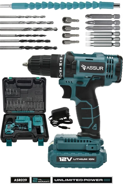 Assur 12V Çift Akülü Metal Şanzıman Bakır Sargı Akülü Vidalama Şarjlı Matkap - 1