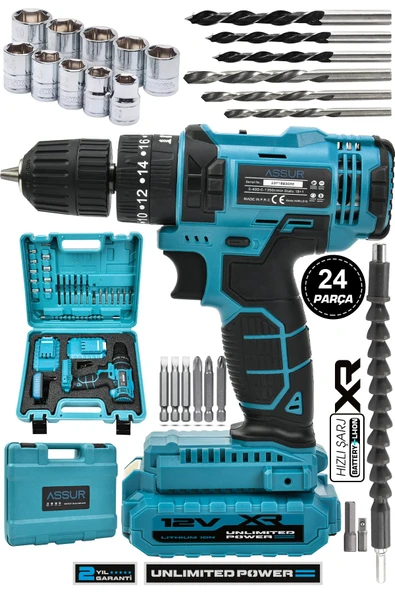 Assur 12V Çift Akülü Metal Şanzıman Şarjlı Darbeli Matkap Akülü Vidalama
