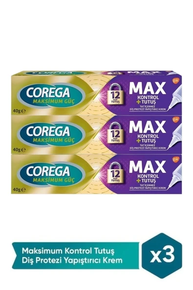 Corega Maksimum Kontrol + Tutuş Diş Protez Yapıştırıcı Krem 40 gr x 3 Adet