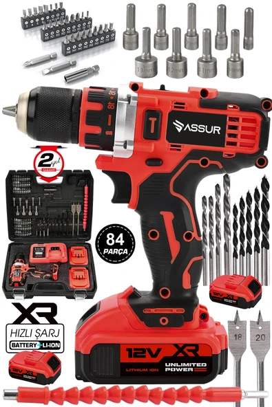 Assur 12V Çift Akülü Çelik Mandren Akülü Vidalama Şarjlı Matkap