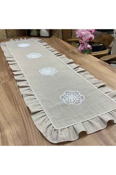 OYA home El Örme Dantel Aplikeli Vizon Zeminli Ranır -45*150 cm