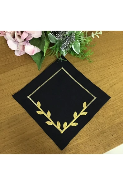 OYA home Kahve Altı Sunum Peçete Seti -6 Parça- Siyah Zemin & Gold Taç Çiçek - 2
