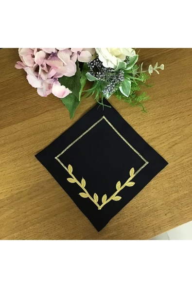 OYA home Kahve Altı Sunum Peçete Seti -6 Parça- Siyah Zemin & Gold Taç Çiçek - 3