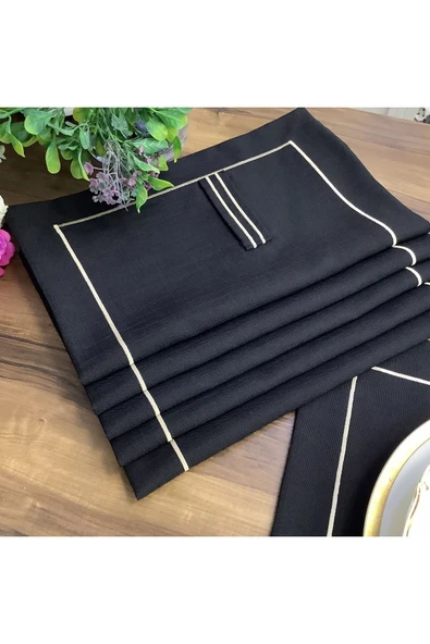 OYA home Gold Dikişli Kaşıklık Detaylı Amerikan Servis - Siyah Zemin ( 6 Lı Set ) - 4