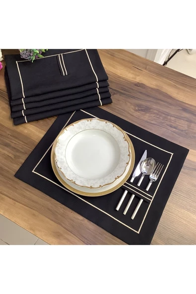 OYA home Gold Dikişli Kaşıklık Detaylı Amerikan Servis - Siyah Zemin ( 6 Lı Set )