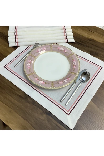 OYA home Çift Piko Dikişli Amerikan Servis Set -6 Lı - Bordo&somon ürün görseli