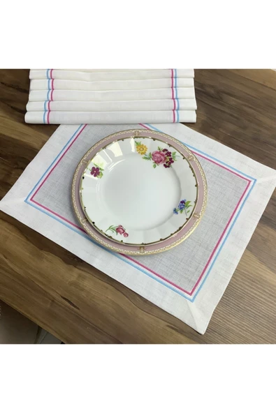 OYA home Pembe & Mavi Piko Dikişli Amerıkan Servis -6 Lı Set