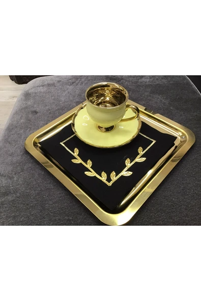 OYA home Kahve Sunum Peçete Set (6) - Siyah Zemin & Gold Taç Çiçek - 5