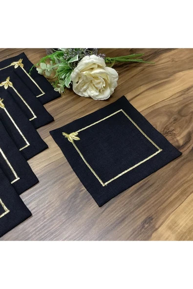 OYA home Kahve Altı Sunu Peçetesi - Siyah Zemin & Gold Piko & Gold Yaprak -6 Lı - 3