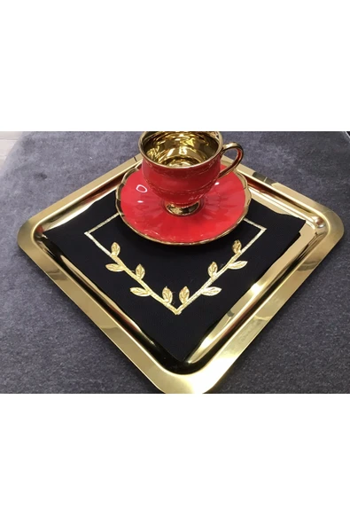 OYA home Kahve Sunum Peçete Set (6) - Siyah Zemin & Gold Taç Çiçek