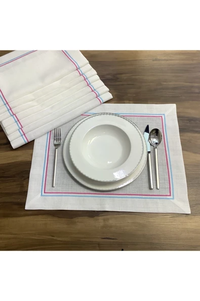OYA home Pembe & Mavi Piko Dikişli Amerıkan Servis -6 Lı Set - Resim 3