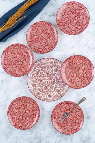 Acar Tiffany Kırmızı 7 Parça Porselen Pasta-İkram Seti POR-05334
