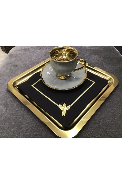 OYA home Kahve Sunum Peçete Set (6) - Siyah Zemin & Tek Gold Çiçek