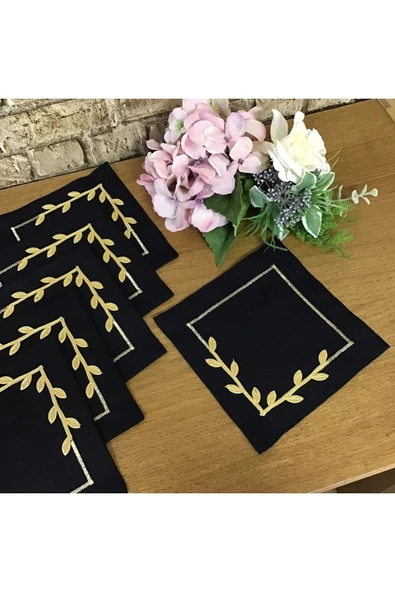 OYA home Kahve Altı Sunum Peçete Seti -6 Parça- Siyah Zemin & Gold Taç Çiçek