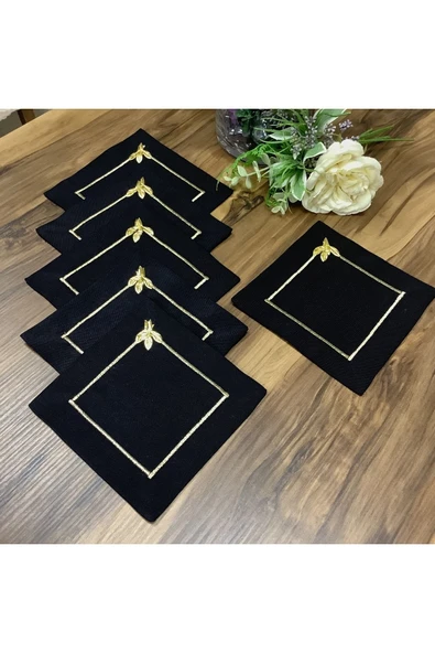 OYA home Kahve Altı Sunu Peçetesi - Siyah Zemin & Gold Piko & Gold Yaprak -6 Lı