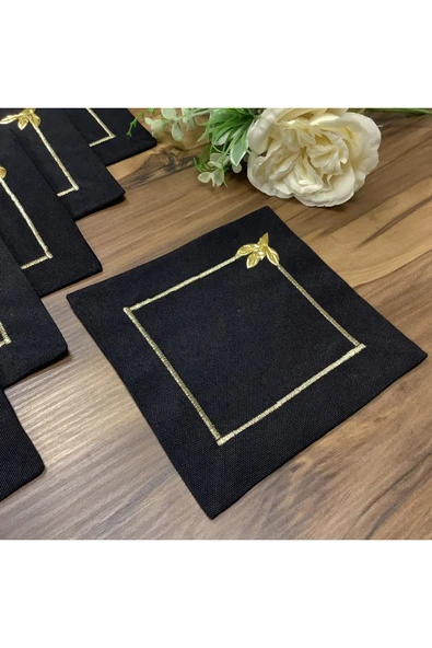 OYA home Kahve Altı Sunu Peçetesi - Siyah Zemin & Gold Piko & Gold Yaprak -6 Lı - 2