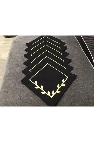 OYA home Kahve Sunum Peçete Set (6) - Siyah Zemin & Gold Taç Çiçek - 3