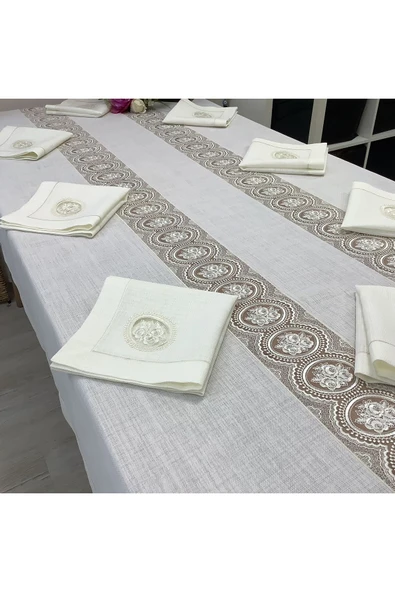 OYA home Gül Dantel Desenli Masa Örtüsü & Peçete (12) Set -13 parça