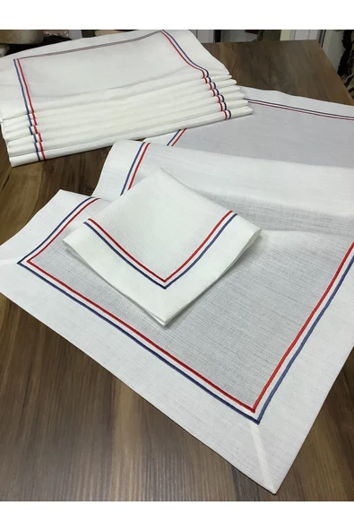 OYA home Kırmızı&mavi Çift Pikolu Amerikan Servis(6)& Peçete(6)& Ranır (1) Set -13 Parça