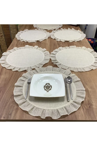 OYA home Yuvarlak Fırfırlı Amerikan Servis Set - Yaldızlı Keten -8 adet