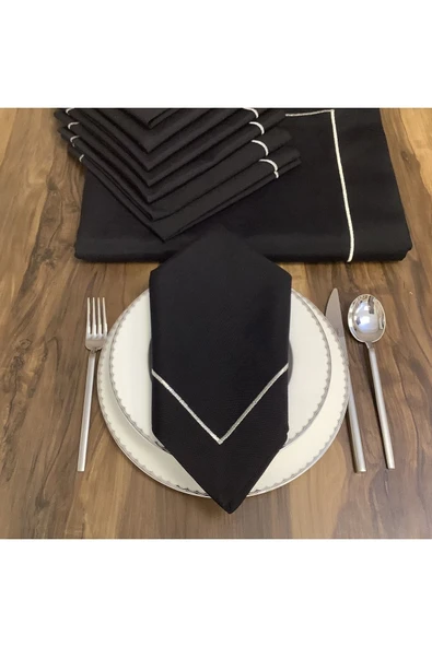 OYA home Siyah Zemin Gümüş Pikolu Masa Örtüsü(1) & Peçete Takımı (8) - Toplam 9 Parça - 2