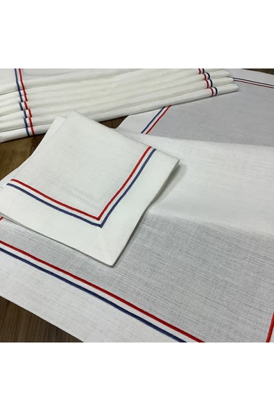 OYA home Kırmızı&mavi Çift Pikolu Amerikan Servis(6)& Peçete(6)& Ranır (1) Set -13 Parça - Resim 6