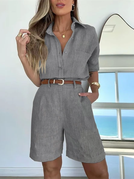 Uzun Kol Gömlek Şort İkili Takım Keten Yazlık - Resim 2