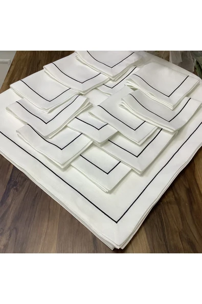 OYA home Siyah Piko Dikişli Masa Örtü(1) & Peçete(12) Set- 13 Parça