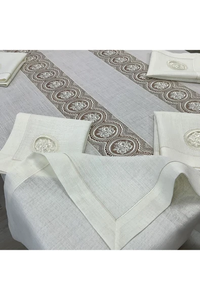 OYA home Gül Dantel Desenli Masa Örtüsü & Peçete (12) Set -13 parça - 2