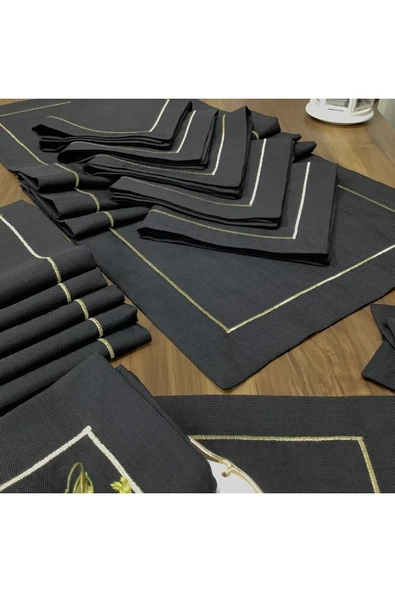 OYA home Gold Dikişli Siyah Zeminli Amerikan Servis (6)&peçete(6)&kahve Peçetesi(6)&ranır(1)-toplam 19 Parça - 5