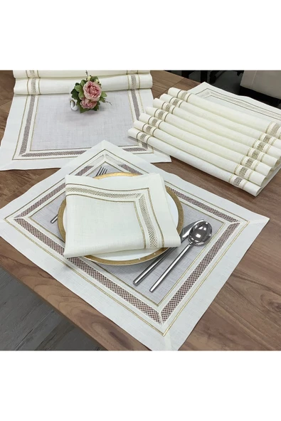 OYA home Kolber Detaylı Çift Gold Dikişli Amerıkan Servıs(8) & Peçete(8) & Ranır(1) Set - 17 Parca