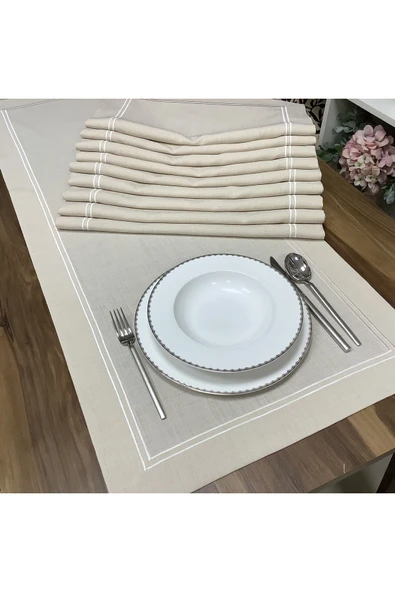 OYA home Kırık Beyaz Çift Piko Dikişli Ranır(1)& Amerıkan Servis(8) Set -9 Parça - 2