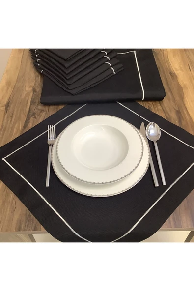 OYA home Siyah Zemin Gümüş Pikolu Masa Örtüsü(1) & Peçete Takımı (8) - Toplam 9 Parça - 5