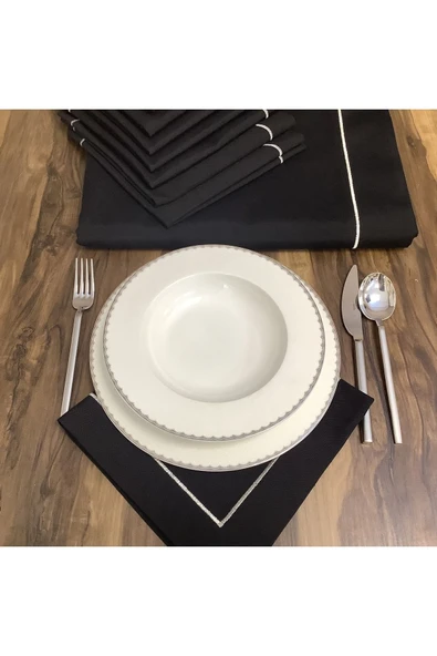 OYA home Siyah Zemin Gümüş Pikolu Masa Örtüsü(1) & Peçete Takımı (8) - Toplam 9 Parça - 3
