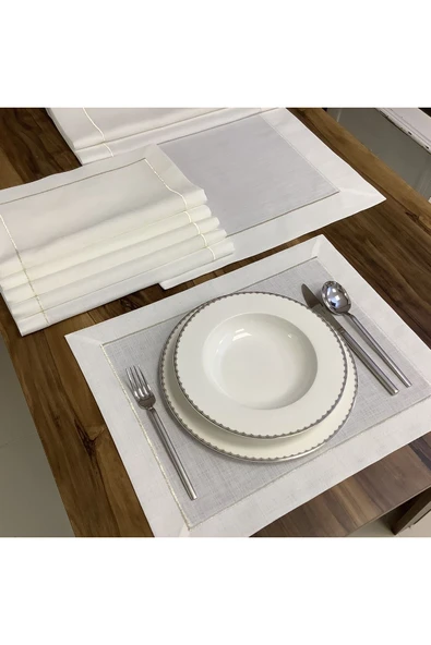 OYA home Çift Pikolu Gümüş Masa Örtüsü(1) Ranır(1) Peçete (12) Amerıkan Servıs (12) Set -26 Parça