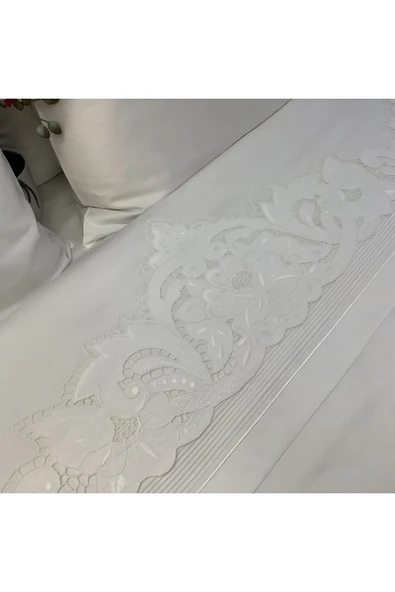 OYA home Beyaz İş li Pamuk Saten Nevresim Takımı - 6 parça - 2