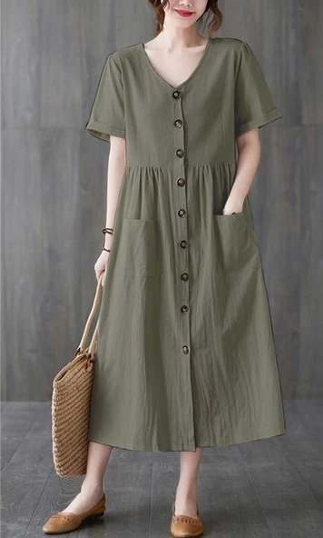 Keten Günlük Rahat V Yaka Beli Büzgü Detaylı Düğmeli Elbise ürün görseli 1