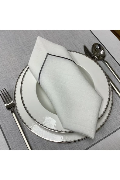 OYA home Gri Piko Dikişli Masa Örtü(1) & Peçete (8) & Ranır (1) &kaşıklık (8) Set -18 Parça - 3