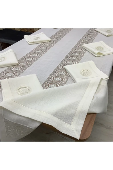 OYA home Gül Dantel Desenli Masa Örtüsü & Peçete (12) Set -13 parça - 3