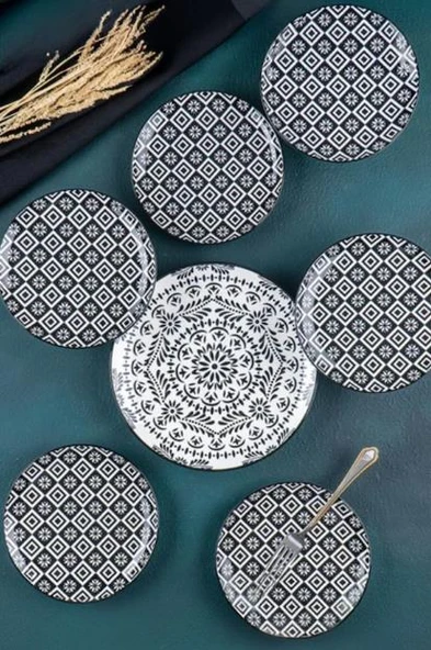 Acar Tiffany Siyah 7 Parça Porselen Pasta-İkram Seti POR-05334