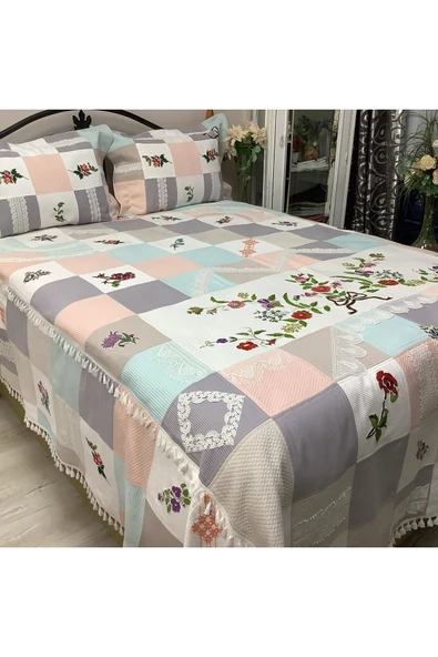 OYA home Patchwork Kaneviçe Ve Dantel Aplikeli Yatak Örtüsü -3 parça