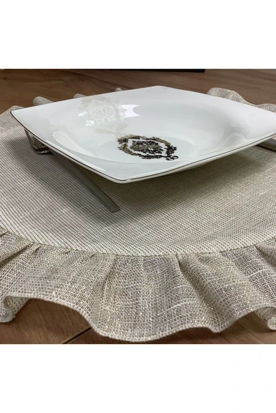 OYA home Yuvarlak Fırfırlı Amerikan Servis Set - Yaldızlı Keten -8 adet - 6