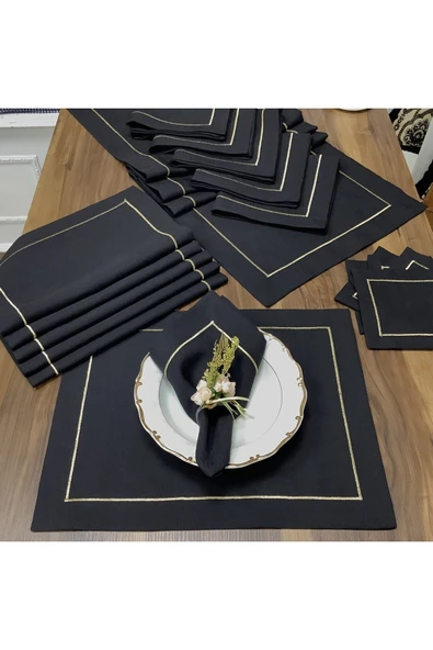 OYA home Gold Dikişli Siyah Zeminli Amerikan Servis (6)&peçete(6)&kahve Peçetesi(6)&ranır(1)-toplam 19 Parça - 2
