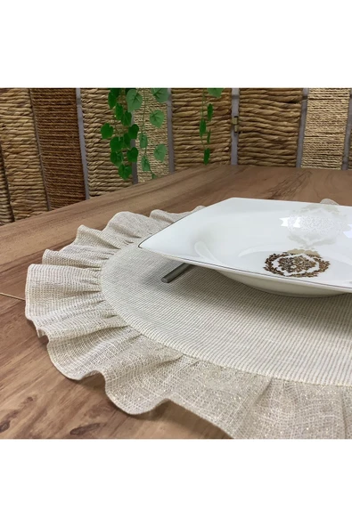 OYA home Yuvarlak Fırfırlı Amerikan Servis Set - Yaldızlı Keten -8 adet - 7